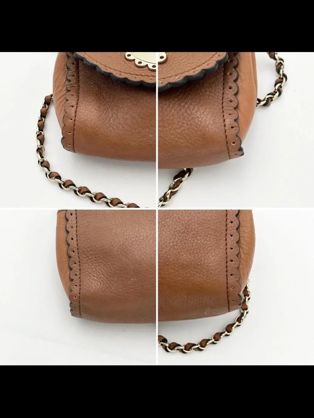 Mulberry Tan Leather Scalloped Flap Crossbody with Chain Strap